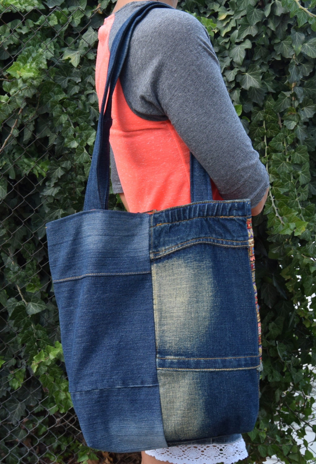 Blue Denim Handbag Embroidered Tote Bag Recycled Shoulder - Etsy