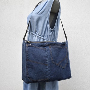 Shoulder bag,denim bag,laptop bag,unisex bag,upcycled jeans, handbag with top zipper, dark blue denim,vegan handbag,casual bag,zippered bag image 1