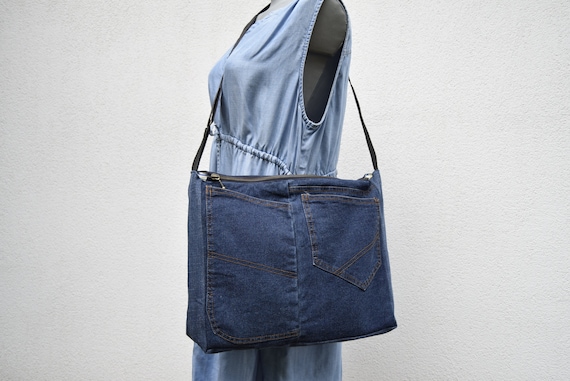 Shoulder bag,denim  bag,laptop bag,unisex bag,upcycled jeans, handbag with top zipper, dark blue denim,vegan handbag,casual bag,zippered bag