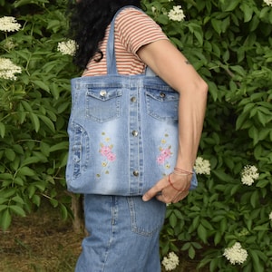 Denim jacket bag, teenage bag, gift for a girl, embroidered bag, handmade bag, zero waste,Boho Bag,Tote Bag image 1