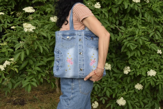 Denim jacket bag, teenage bag, gift for a girl, embroidered bag, handmade bag, zero waste,Boho Bag,Tote Bag