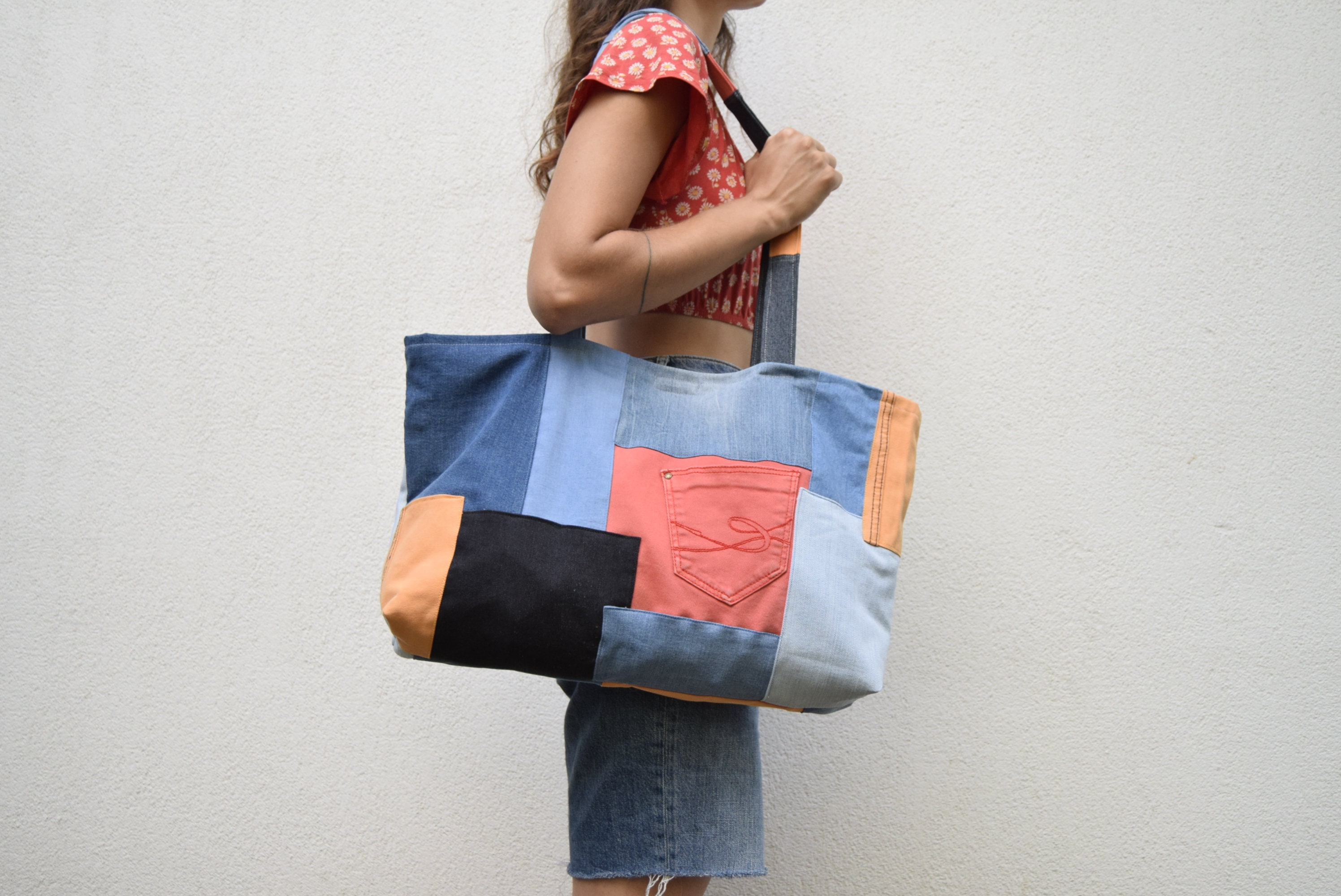 Handmade Patchwork slouchy denim bag, Jean market bag, Casual tote bag of  jeans