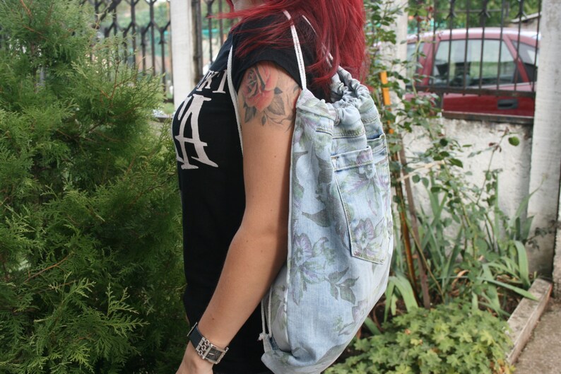 Floral denim backpack Boho backpack Floral pattern backpack Drawstrings backpack,Teenage Backpack