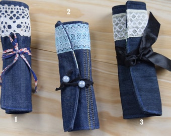 Pencil Roll Up Pencil Case,Recycled Denim, Pencil Roll, Pen Roll, colored, pencil organizer , Organizer pencils, cosmetics and makeup