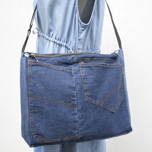 Shoulder bag,denim bag,laptop bag,unisex bag,upcycled jeans, handbag with top zipper, dark blue denim,vegan handbag,casual bag,zippered bag image 6