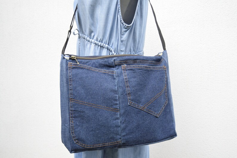 Shoulder bag,denim bag,laptop bag,unisex bag,upcycled jeans, handbag with top zipper, dark blue denim,vegan handbag,casual bag,zippered bag image 6