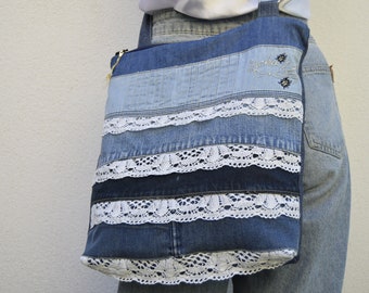 Boho bag, Beach bag, Bohemian purse, Vintage lace bag, Resort bag, Recycled denim tote bag, Designer bag, Handmade handbag