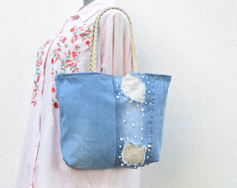 Artsy denim Bag,Boho Chic,Upcycling denim bag uniquewith white pearl beads ,Eco friendly Upcycled,personalized bag,Vintage jeans bag