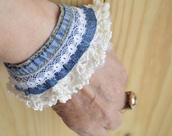 denim bracelet crocheted lace with beads and white tulle ,Blue Jeans Denim, Denim Cuff Bracelet,Textile Bracelet, upcycled bracelet