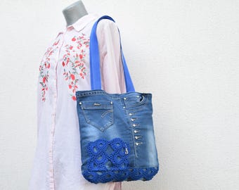 Artsy denim Bag,Boho Chic,Upcycling denim bag uniquewith with dark blue lace  ,Eco friendly Upcycled,personalized bag,Vintage jeans bag