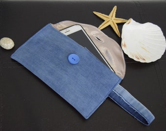 Blue Denim clutch purse, Recycled jeans handbag, Small denim wristlet,A bag for her, a useful gift, an organizer bag