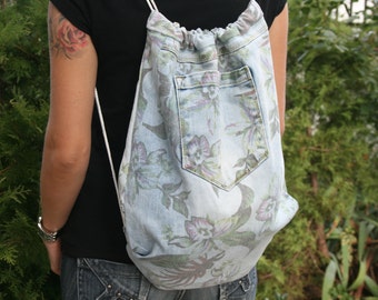 Floral denim backpack, Boho backpack, Drawstrings backpack,Teenage Backpack, Floral pattern backpack