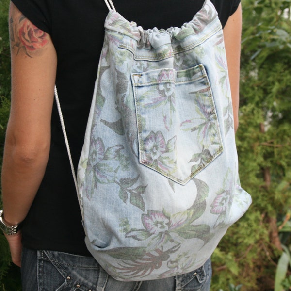 Floral denim backpack, Boho backpack, Drawstrings backpack,Teenage Backpack, Floral pattern backpack