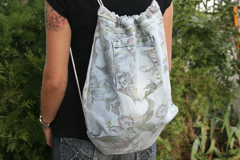 Floral denim backpack Boho backpack Floral pattern backpack Drawstrings backpack,Teenage Backpack