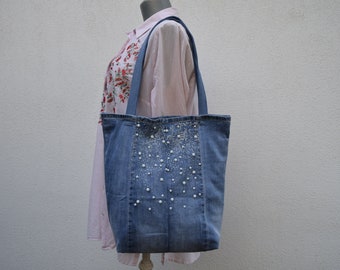 Artsy denim Bag,Boho Chic,Upcycling denim bag uniquewith white pearl beads ,Eco friendly Upcycled,personalized bag,Vintage jeans bag