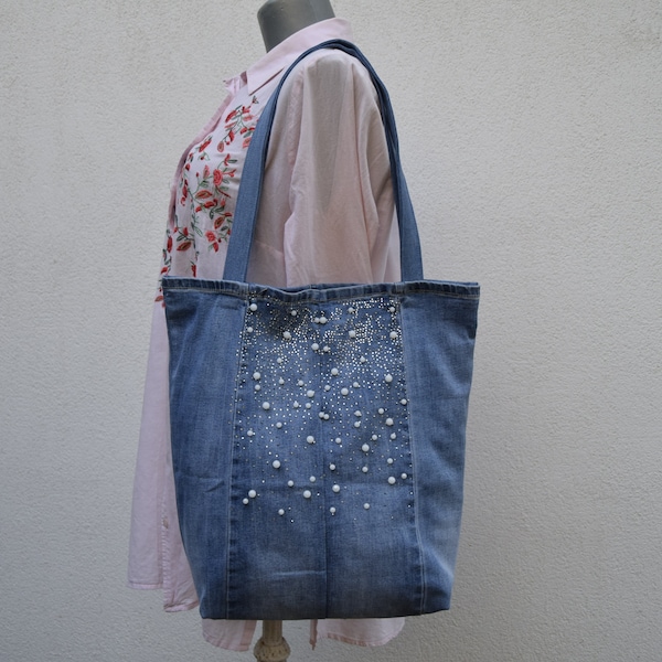 Artsy denim Bag,Boho Chic,Upcycling denim bag uniquewith white pearl beads ,Eco friendly Upcycled,personalized bag,Vintage jeans bag