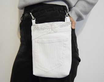 Pocket gerecycleerde jeans heuptas, riem portemonnee, heuptas voor telefoon, geld, eco-vriendelijke portemonnee, portemonnee, witte denim