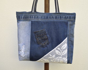 Denim and lace handbag,Shoulder bag,boho chic denim bag,Beach bag,Bohemian purse,Vintage lace bag,Resort bag,Designer bag, Handmade handbag