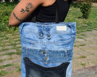 Very big denim handbag, Recycled denim tote, Pachwork tote bag, Large Boho purse,school bag,shoulder bag, Modern market bag,laptop bag