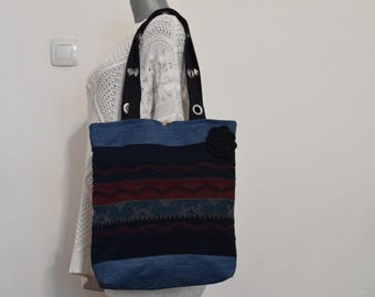 Artistic Denim Jean Bag,Handmade Vintage Denim Tote Bag,Boho Hippie Bag,carry all,jean bag, shopping bag,Student Bag,shoulder bag