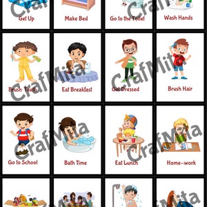 16 cartes graphiques imprimables des routines quotidiennes de l'autisme, planificateur mural visuel, tableau des tâches ménagères pour enfants (version garçon)