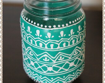 Mason Jar, Indian Henna, Mehndi Design, Vase, Candle Holder, Centerpiece, Wedding, Cup, Hand Painted, Teal, White