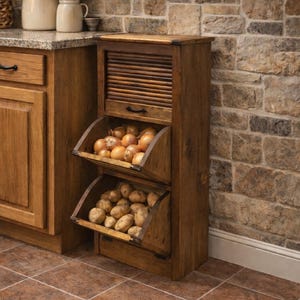 Rustic Wooden Potato and Onion Bin & Tambour Cabinet