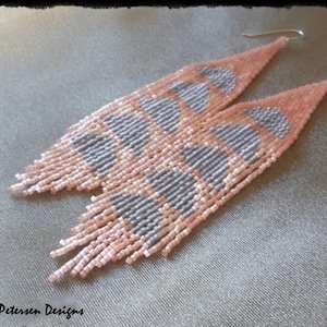 BEADED FRINGE EARRING with Blue Half Moon and Peach Satin Beads, Long Celestial Statement Earrings.  Handmade Dangle and Drop [E037-JP20]