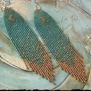 BEADED FRINGE EARRINGS w/24k Gold Moon in Sea Glass Green, Handmade Aquamarine Celestial Earrings w/Moon and Stars,[E056-JP20]