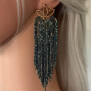 BRASS LOTUS FRINGE Earrings in Teal Green, Long Sparkling Teal Beaded Earrings, Seed Bead Earrings, Festival Style Jewelry[E224-JP25]