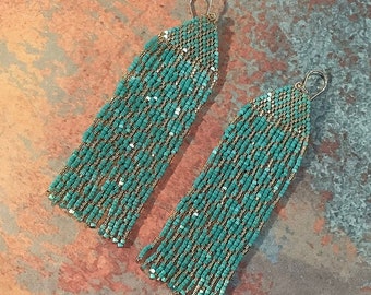 LAGUNA BEADED FRINGE Earrings 24k Gold and Aqua, Green Festival Statement Earrings Honeycomb Pattern Dangle Earrings [E120-JP22]