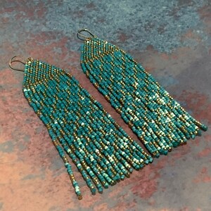 LAGUNA BEADED FRINGE Earrings in 24k Gold and Aqua, Green Festival Statement Earrings [E120-JP22]