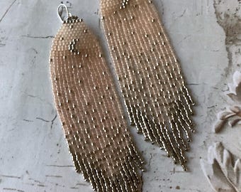 PEACH BEADED FRINGE Earrings with Silvery Crescent Moon, Celestial Statement Earrings Ready for a Bohemian Festival Night [E066-JP21]