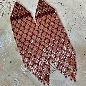 SPARKLING SEED BEAD Fringe Earrings in Garnet + Cinnamon Silk, Long Art Deco Style, Exquisitely Delicate Silky Bead Earrings [E211-JP24]