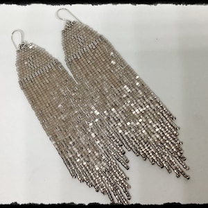 SPARKLING BEADED FRINGE Earrings Taupe Beaded Crescent Moon Silvery Celestial Earrings Boho Long Statement Jewelry [E159-JP22]