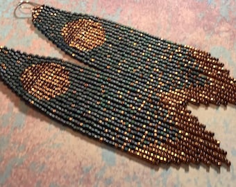 FULL MOON BEADED Fringe Earrings Handmade Copper Moon Rising in Dark Green Sky Celestial Hippie Earrings,[E160-JP22]