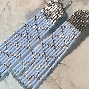 SEED BEAD FRINGE Earring in Arctic Blue + Palladium Beads, Artisan Handmade Jewelry, Art Deco Style Zig Zag Print,[E206-JP24]