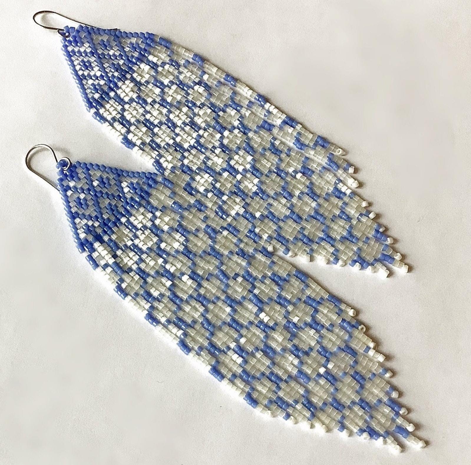 LONG BEADED BLUE Fringe Earrings, Boho Statement Earrings, Honeycomb Cream Satin Bead Earrings [E174-JP23]
