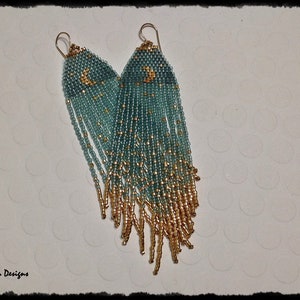 BEADED FRINGE EARRINGS W 24k Gold Moon in Aquamarine Velvet Sky, Sea ...