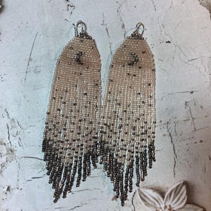 PEACH BEADED FRINGE Earrings with Silvery Crescent Moon, Celestial Statement Earrings Ready for a Bohemian Festival Night [E066-JP21]