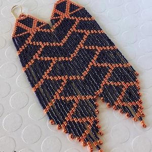 BEADED FRINGE EARRINGS, Navy Blue Intersection w/Metallic Orange-Saffron, Long Statement Earrings, Boho Earrings, Free Shipping[E175-JP23]
