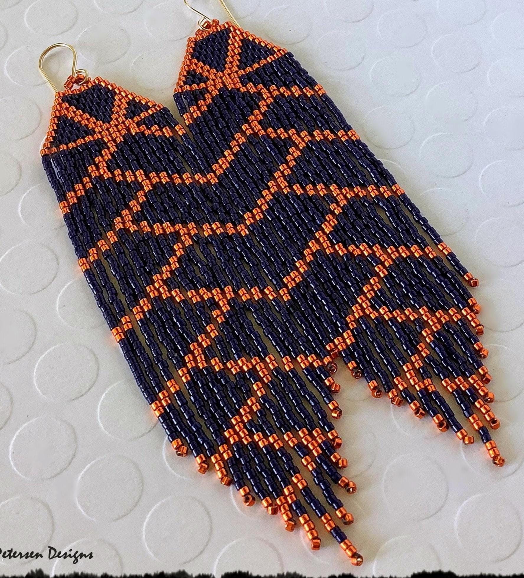 BEADED FRINGE EARRINGS, Navy Blue Intersection w/Metallic Orange-Saffron, Long Statement Earrings, Boho Earrings, Free Shipping[E175-JP23]