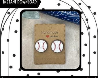 May include: A pair of baseball stud earrings with a white background and red stitching. The earrings are displayed on a brown card that reads "Handmade with love." The image also includes the text "Instant Download," "Laser Ready," and "SVG."
