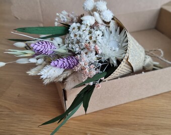 Kleiner Trockenblumenstrauß mit Vasen, Tischdeko zur Hochzeit, Geburtstagsdeko, Blumenschmuck zur Taufe, Tischdeko, Strohblumen, Eukalyptus