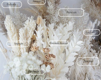 Dry flower bouquets, white and cream tones, Pampas, Lagurus, eucalyptus, dry grass, wedding decoration, Christmas decoration,  white flower