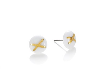 White porcelain round Studs with 22k Gold dip