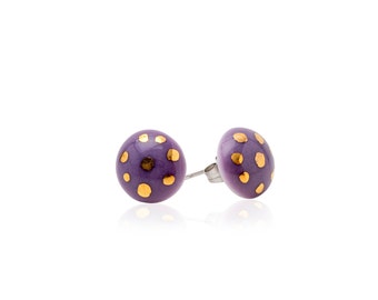 Lilac polka dot studs porcelain with 22k Gold