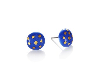 polka dot Blue Studs with 22k Gold