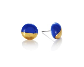 Blue porcelain round Studs with 22k Gold dip