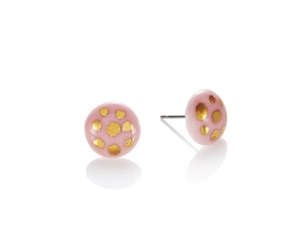 Pink porcelain round Studs with 22k Gold polka dot